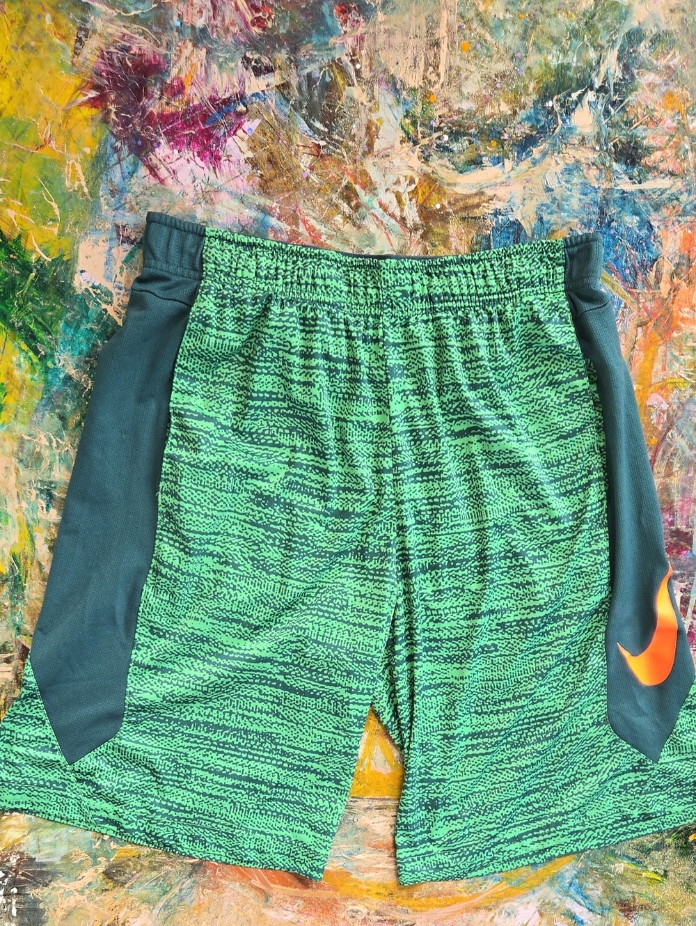 Nike Boys' Green Patterned Athletic Shorts with Orange Swoosh